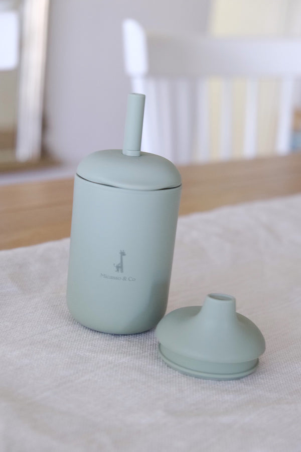 Silicone cup with straw and spout