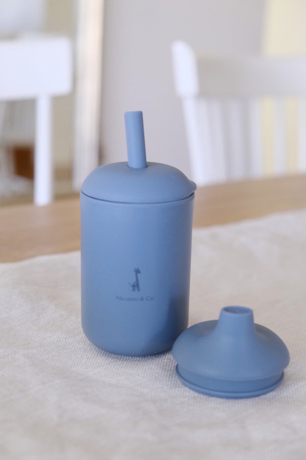 Silicone cup with straw and spout
